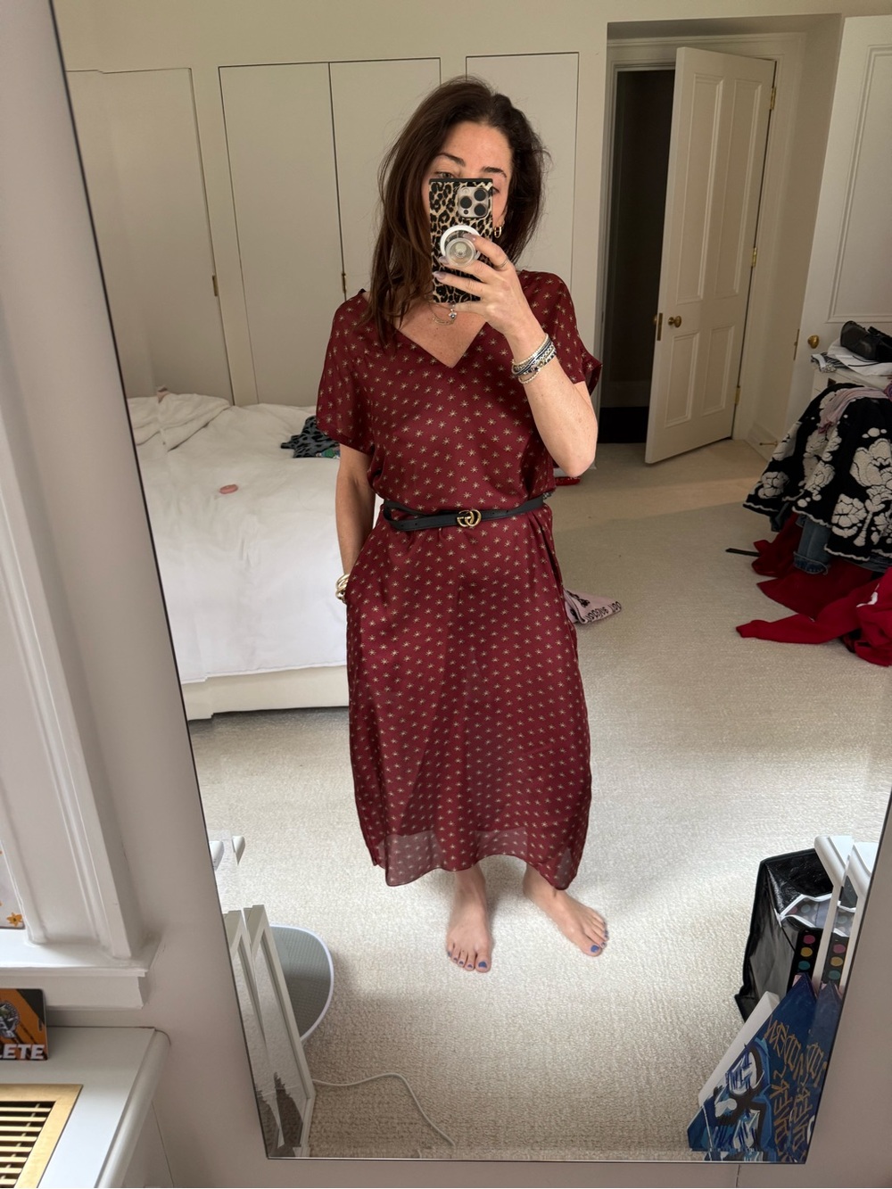 Vintage Calvin Klein Burgundy Short-Sleeve V-Neck Midi Dress